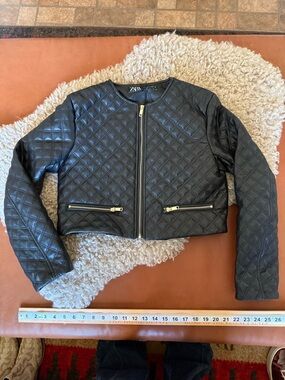 Zara Black Quilted Faux Leather Crop Jacket with Gold Zippers